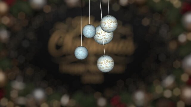 Animated Merry Christmas and Happy New Year background featuring hanging silver baubles with gold text and dark festive bokeh lights, high quality motion graphic loop for holiday greeting cards and pr