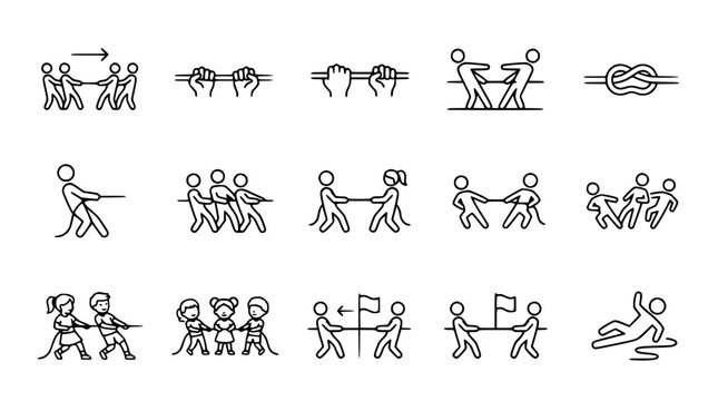 Tug of War Icons: Competition, Teamwork, Strength, and Conflict Line Art Set