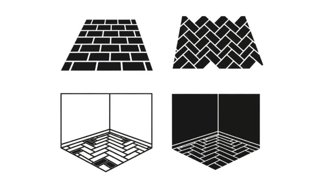 Minimal black silhouette icon, simple flat vector, bold black shape, no gradients, no shading set of floor tile patterns and room interior corner views on a, flat icon style