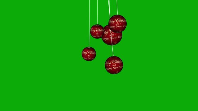 Animated hanging Christmas baubles with Merry Christmas and Happy New Year text on a green screen background, isolated decorative ornaments swinging for holiday video editing, high quality 3D motion g