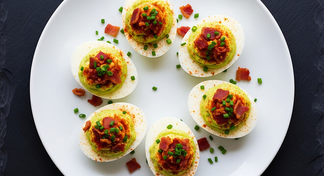 Keto Deviled Eggs Avocado Mayo Paprika Bacon Bits Low Carb Appetizer