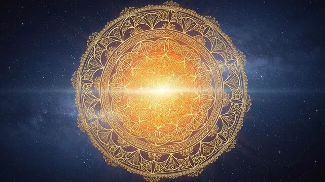 Glowing golden mandala radiating light against a starry cosmic background vibrant spiritual art