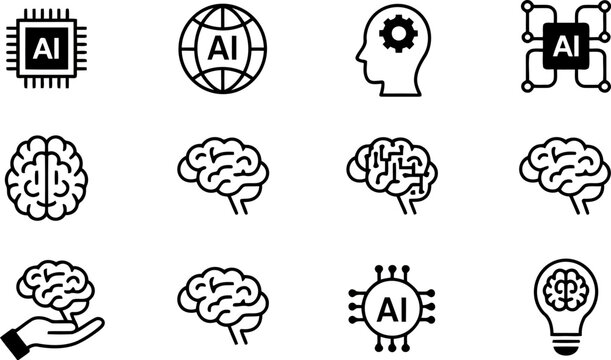 Artificial intelligence icons set brain chip globe head gear and light bulb vector