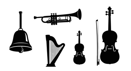 Classical musical instrument silhouettes in black and white. © tukang
