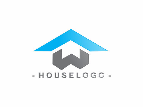 A clean vector logo featuring a sharp blue house roof outline hovering over a bold grey geometric letter W, accompanied by the text HOUSELOGO underneath on a white canvas.