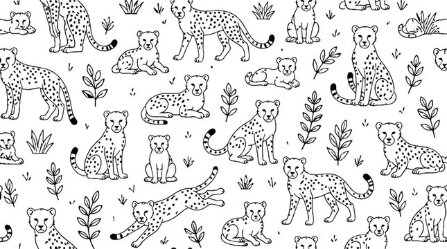 Playful leopard pattern with plants and animals illustration.