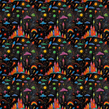 Seamless chalkboard doodle pattern with colorful castle, rockets, clouds, suns, rainbows, and stars on black background, playful kids illustration for wrapping paper, wallpaper, and nursery decor.