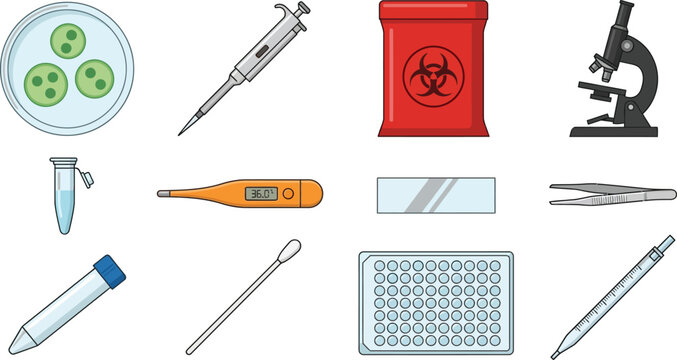 Set of virology research laboratory tools and medical equipment for scientific testing analysis