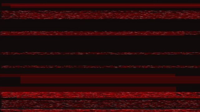 Signal glitch red horizontal bars with white pixel noise flickering on black background for transition.