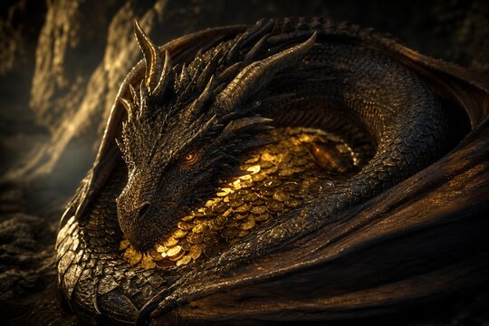 A dragon coiled around a pile of gold coins in the dim light of a cave.