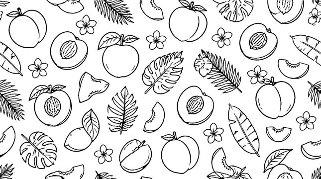 Hand drawn peach and leaf pattern illustration.