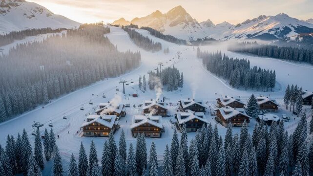 Peaceful winter morning at snowy mountain resort with cozy cabins and smoking chimneys