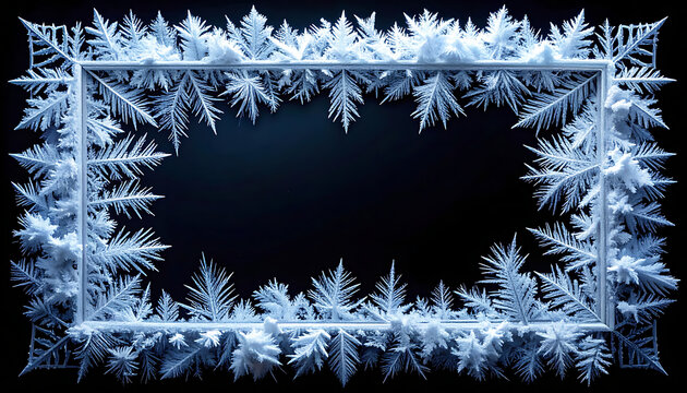 Ornate frosty snowflake frame with icy texture and blue lighting, winter holiday decoration, festive border