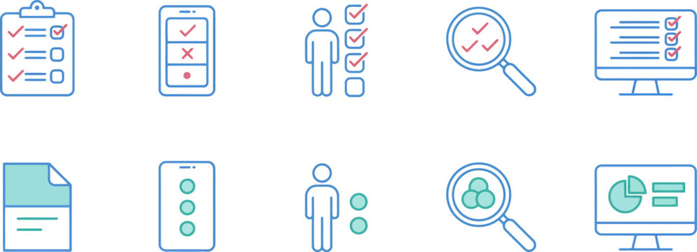 Checklist and survey icons with blue and teal accents form document