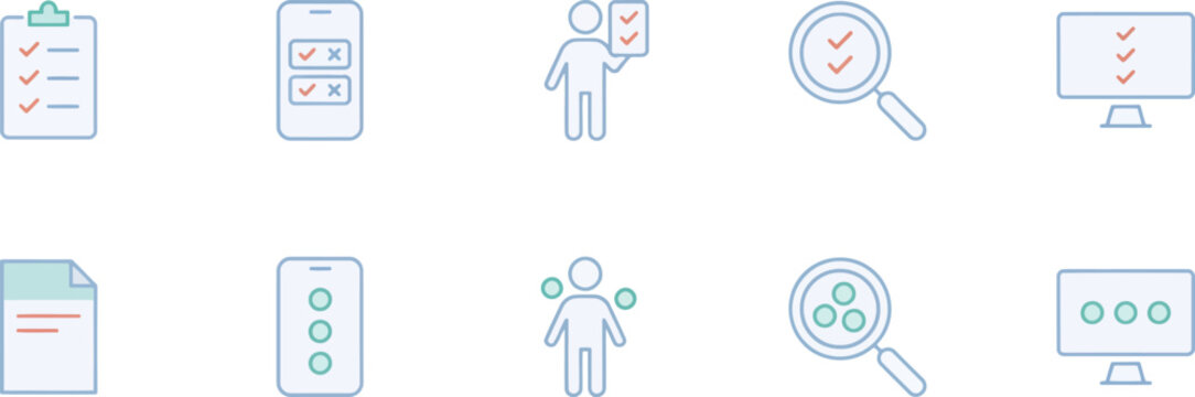 Checklist and survey icons with people and magnifying glass clipboard questionnaire