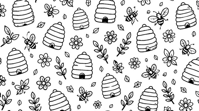 Hand drawn beehive and bee pattern illustration.