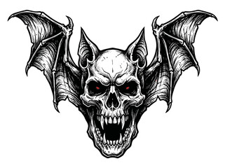 Fototapeta premium A detailed black and white illustration of a vampire bat skull with wings.
