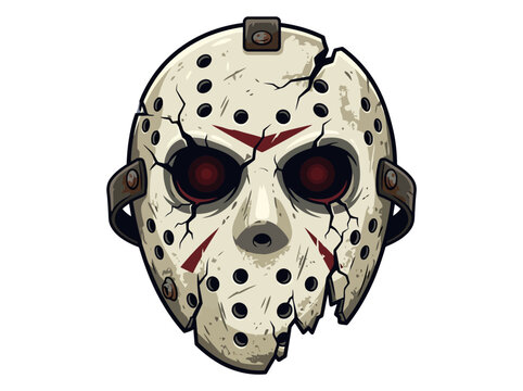 A weathered and cracked hockey mask with dark eye sockets and red accents.
