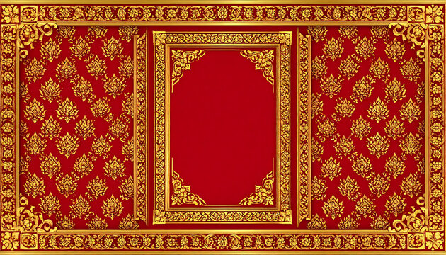 ornate red and gold decorative panel with intricate patterns and central frame, royal motif, elegant damask texture, luxury background