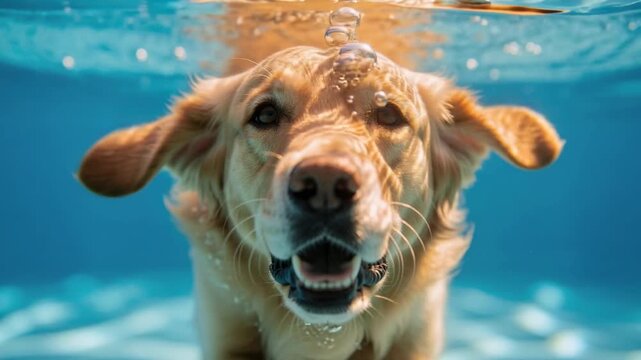 Joyful golden retriever swimming underwater in clear blue pool with bubbles trailing
