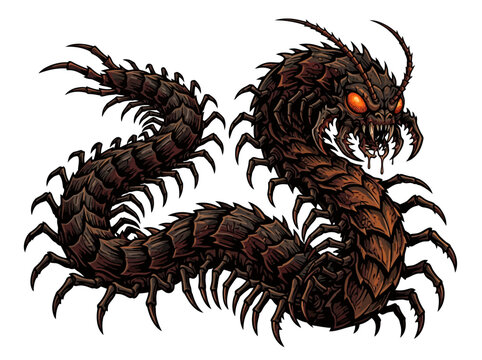A menacing giant centipede monster with glowing orange eyes and sharp mandibles.