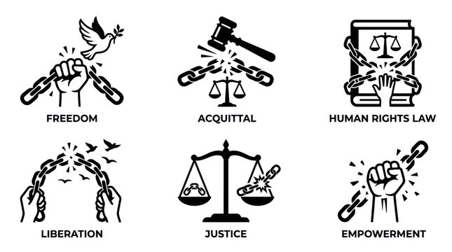 Human rights and justice icon set with descriptive labels.