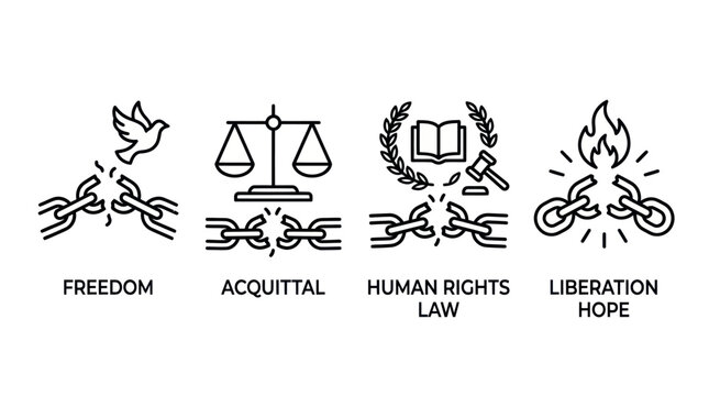 Human rights law and liberation icons with freedom symbols.