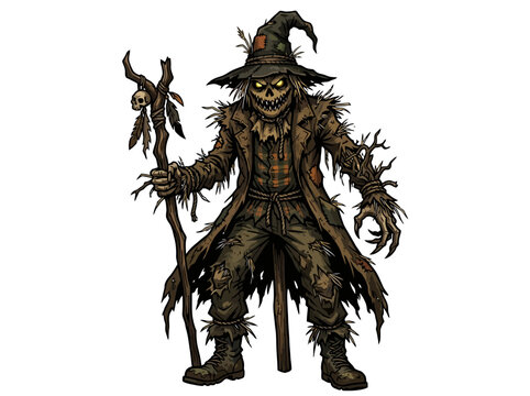 A menacing scarecrow wizard holding a wooden staff with a skull.
