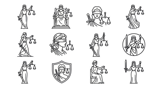 Lady Justice outline vector icon set collection.