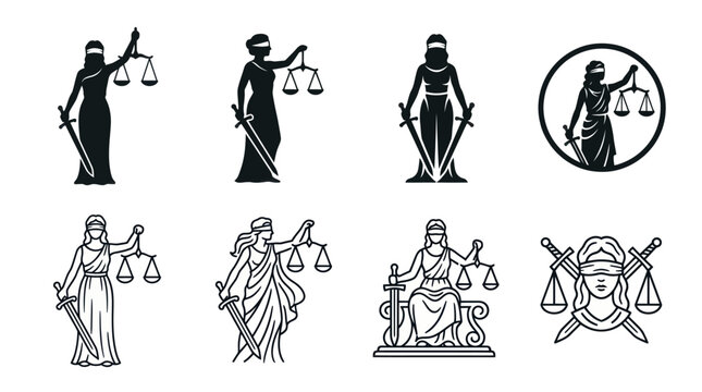 Lady Justice silhouette and line art icon set.