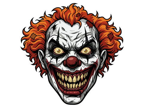 A terrifying and sinister clown face with sharp teeth and wild orange hair.
