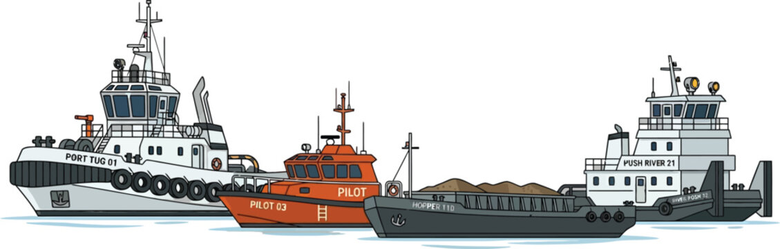 Collection of professional work boats including tugboat pilot vessel and cargo barge ship
