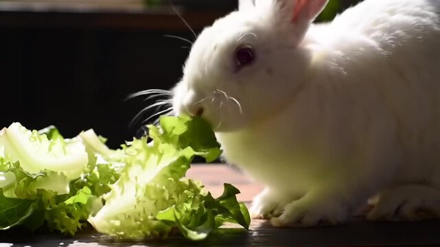 Adorable White Rabbit Enjoying Fresh Green Lettuce Leaves in a Sunny Setting.