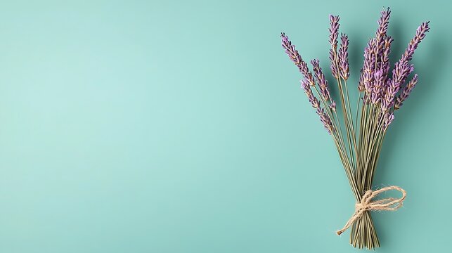 A small bunch of lavender tied with twine rests on a teal background