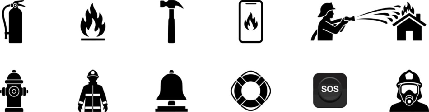 Firefighting and safety icons in black on a white background extinguisher flame