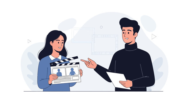 Filmmaking Collaboration: Director and Actor with Clapperboard in Modern Vector Art Style