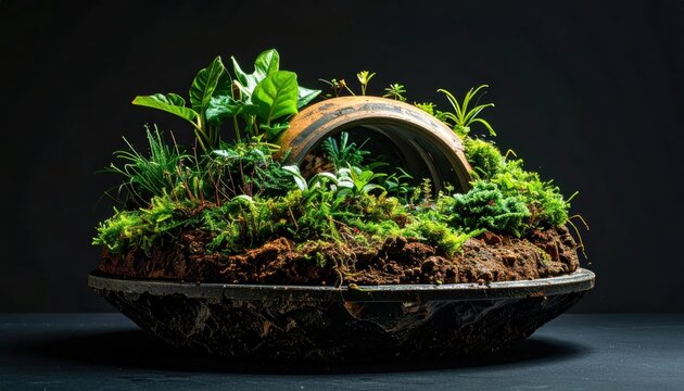 Miniature Zen Garden Landscape with Lush Greenery and Arch Bridge.