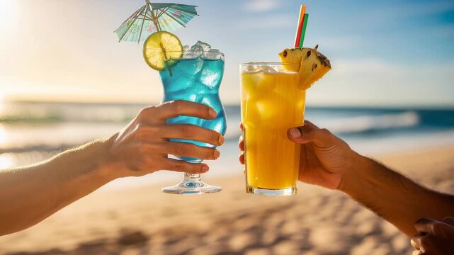 Two friends clinking brightly colored tropical cocktails with ice lemon and pineapple in a vibrant summer setting