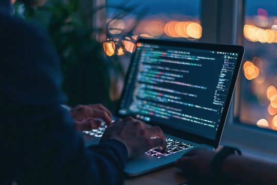 Programmer and developer coding on a computer in a dark office at night technology