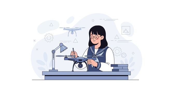 Girl in School Uniform Building and Assembling a Drone, Technology and Education Concept