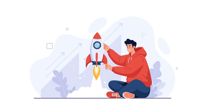 Man Launching Rocket - Concept of Startup, Business Growth, Innovation, and Future Success