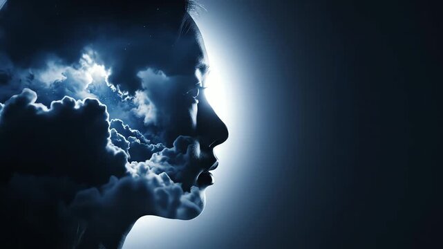 Surreal silhouette of woman with clouds representing consciousness. 4K Video