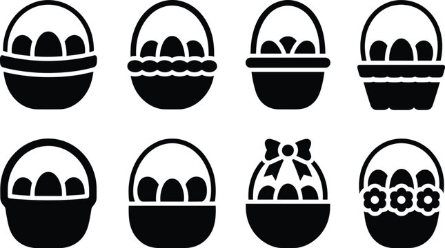 Eight flat vector easter basket icons isolated on a transparent background