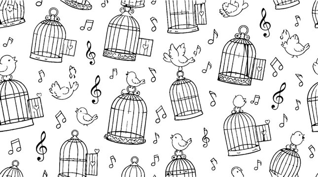 Whimsical birdcages and musical notes pattern design.