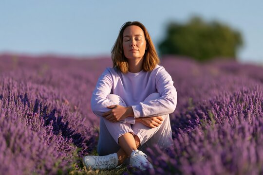 Woman in a lavender field practicing meditation for serenity and peaceful nature