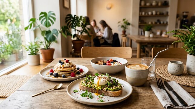 Brunch spread with pancakes, avocado toast, and latte in a cafe