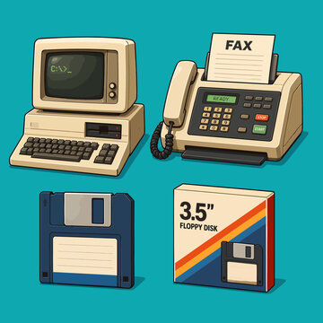 Vintage Computer, Fax Machine, and Floppy Disks Representing Obsolete Technology.