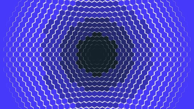 Hexagon Halftone Pattern with Blue Dithered Gradient Undulating in a Tunnel Motion for Digital Backgrounds