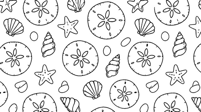 Hand drawn beach themed seamless pattern with shells and stars.