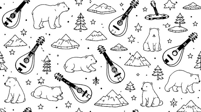 Whimsical pattern with bears mandolins and mountains.